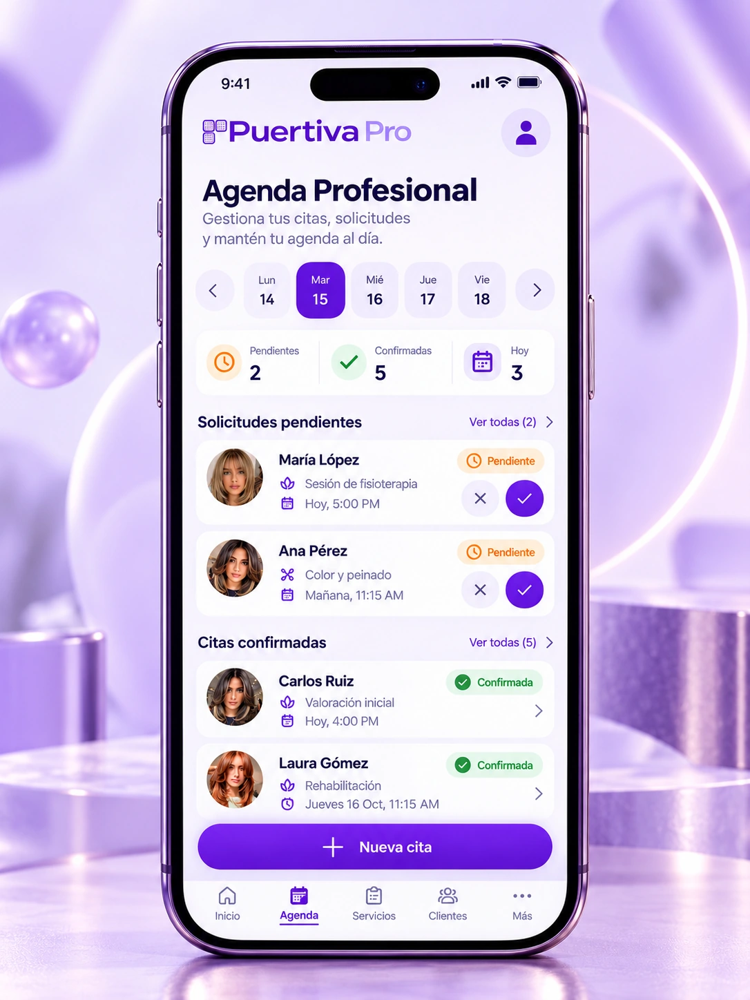 Agenda profesional de Puertiva Pro en smartphone premium