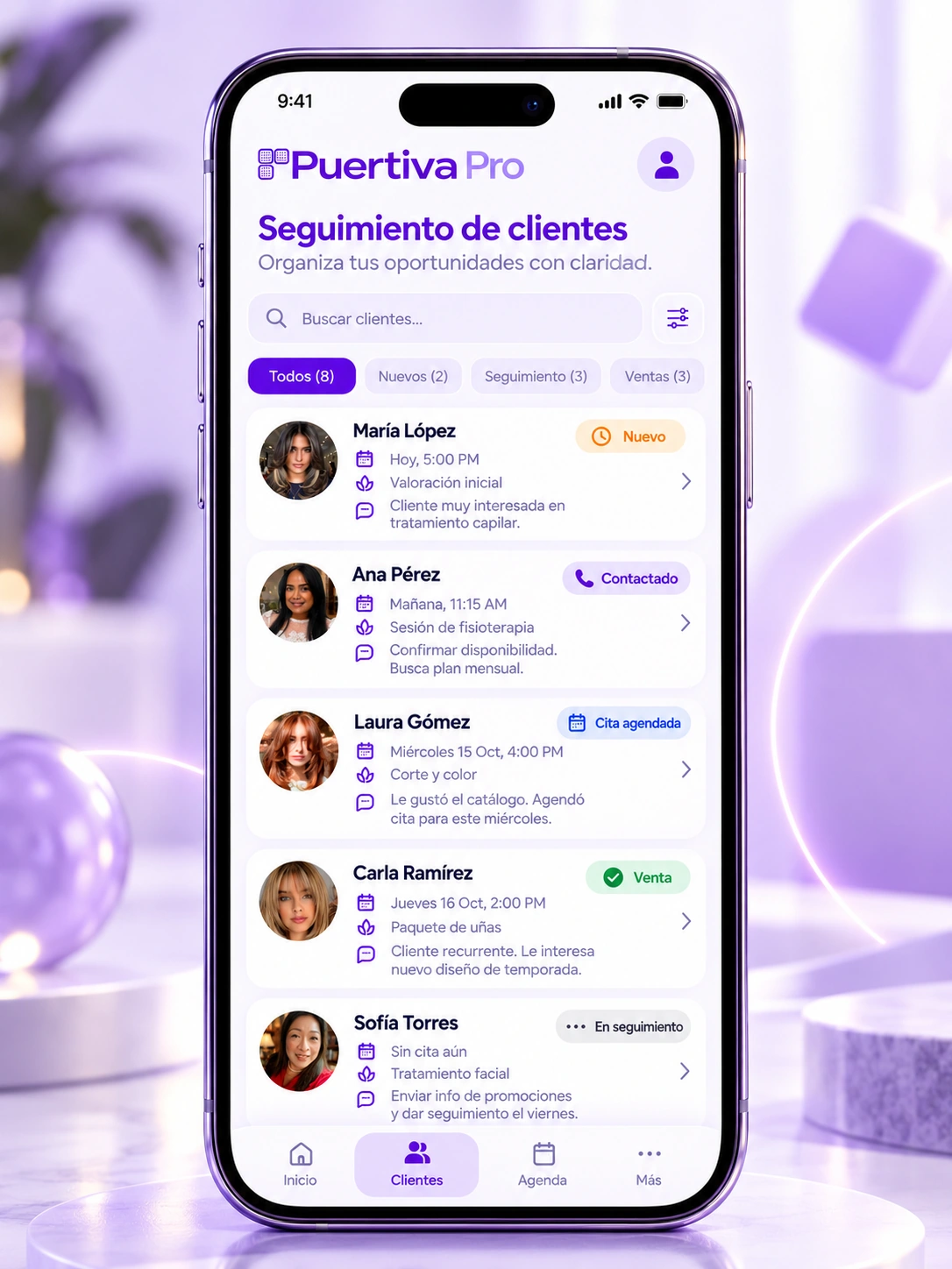 Seguimiento de clientes de Puertiva Pro en smartphone premium