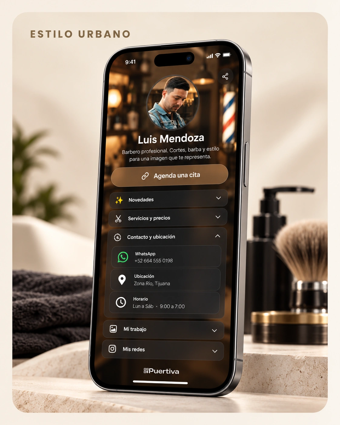 Perfil de barbería en smartphone premium