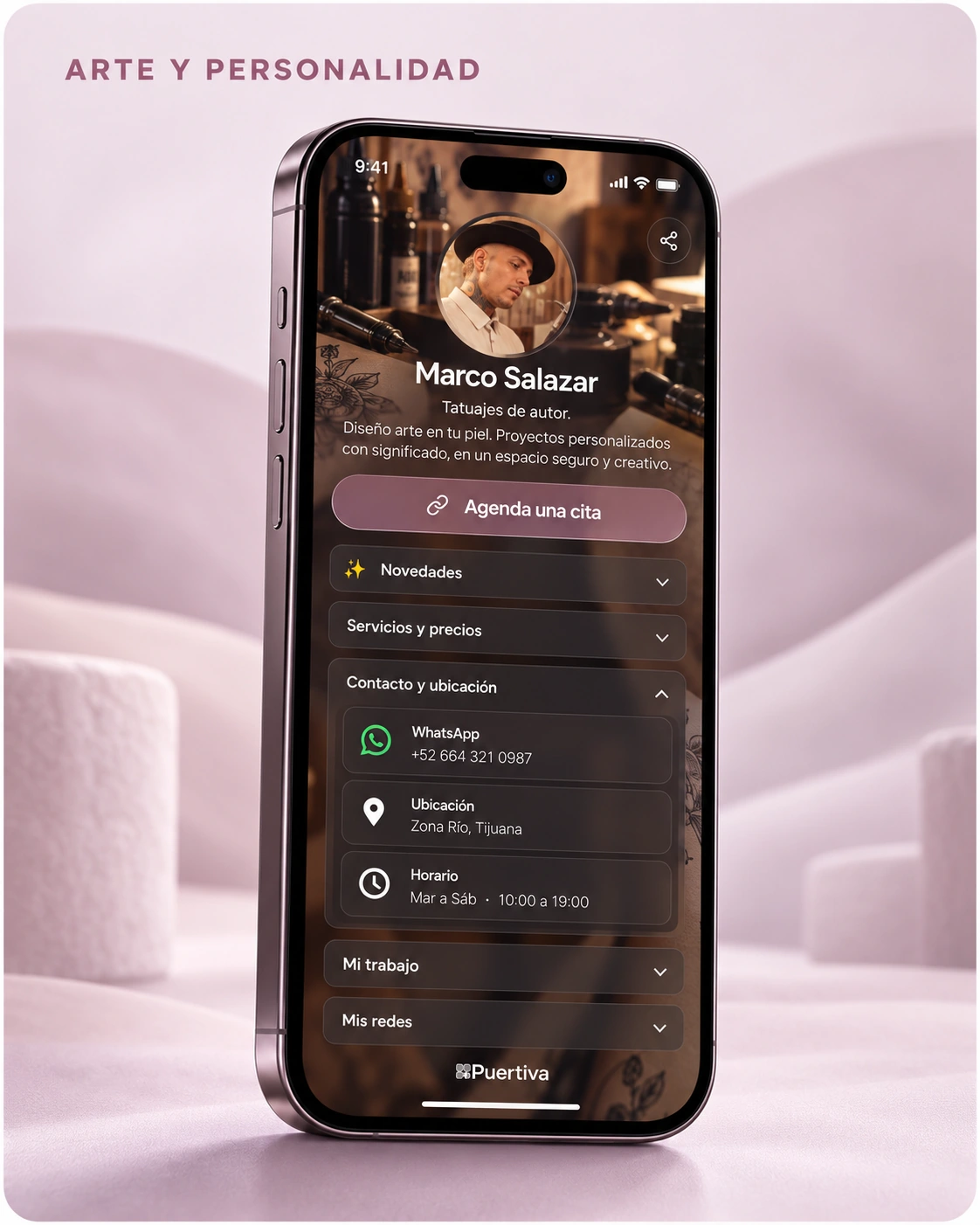 Perfil de tatuador en smartphone premium